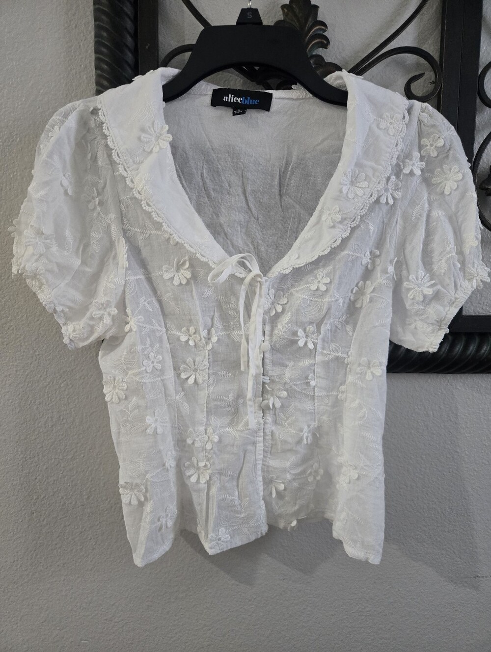 Alice Blue White Floral Embroidered Tie-Front Top